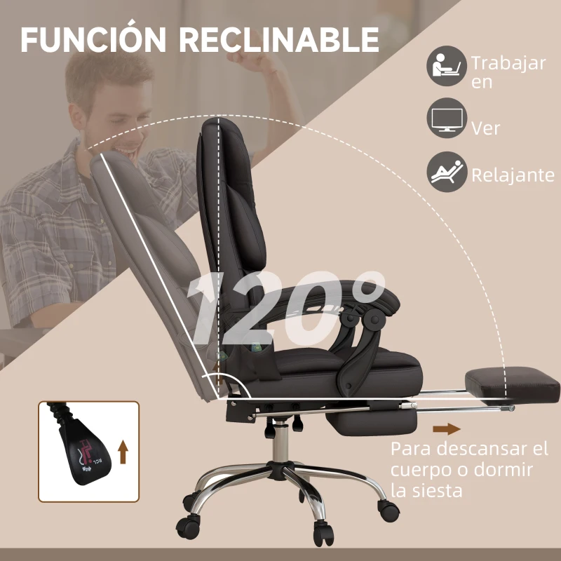 Vinsetto Silla de Oficina con 6 Puntos de Masaje Silla de Escritorio Reclinable de PU con Control Remoto 63x57x118-126 cm Marrón(m-6)