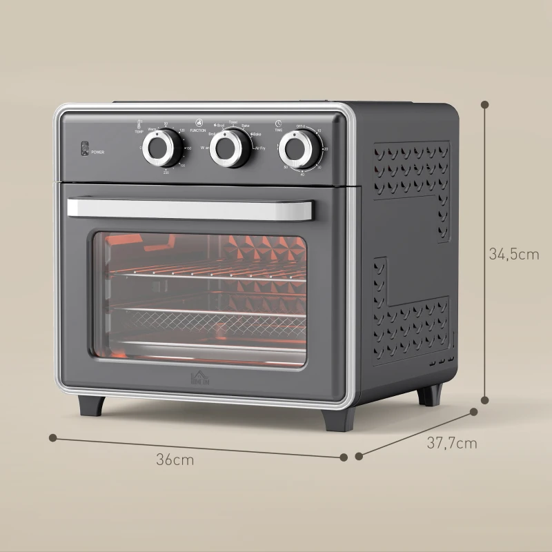 HOMCOM Minibackofen, 20L, 5 Funktionen, 360° Heißluft, Grillrost, Krümelblech, Grau(m-3)