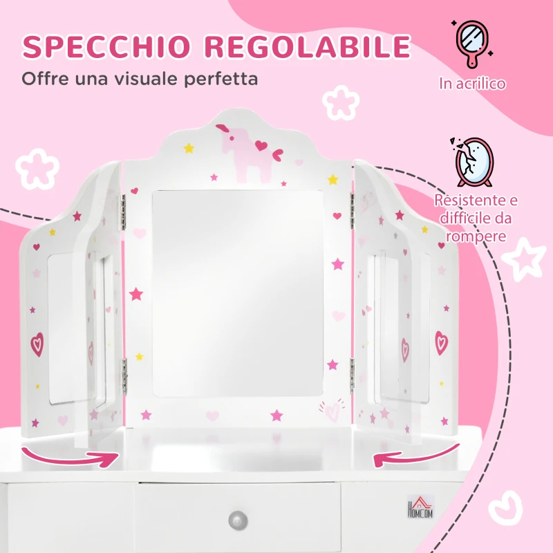 HOMCOM Toeletta per Bambini con Sgabello, Tavolo Trucco con Triplo Specchio e Cassetto, 63x40x85.5cm, Bianco