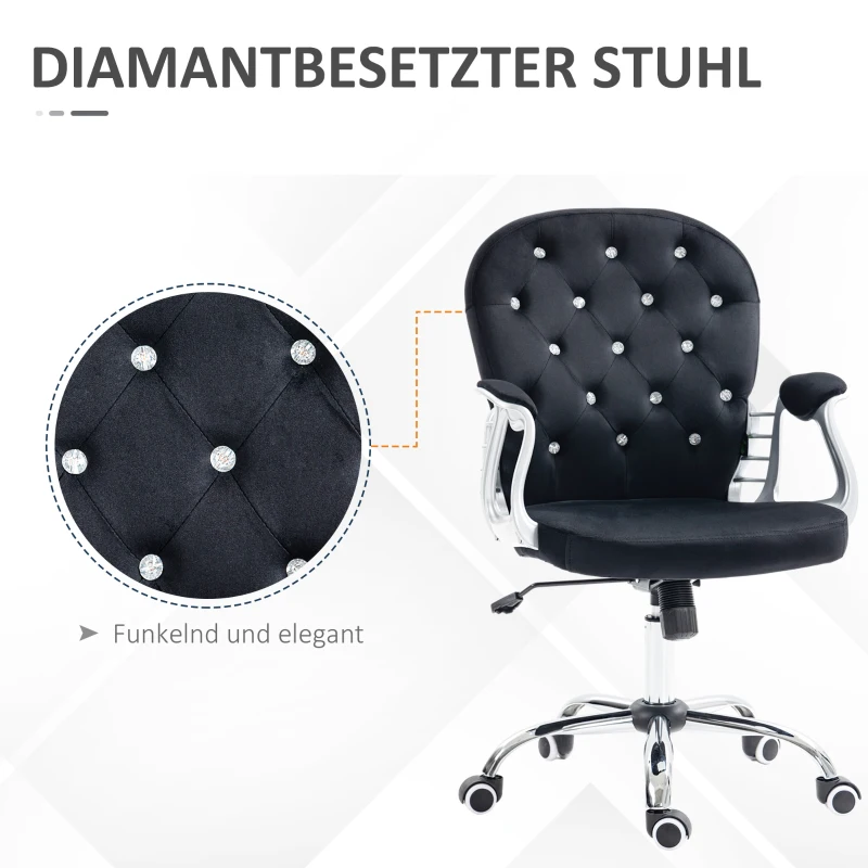 Vinsetto Bürostuhl, Knopfheftung, Samtoptik, höhenverstellbar, ergonomisch, bis 120 kg, Schwarz