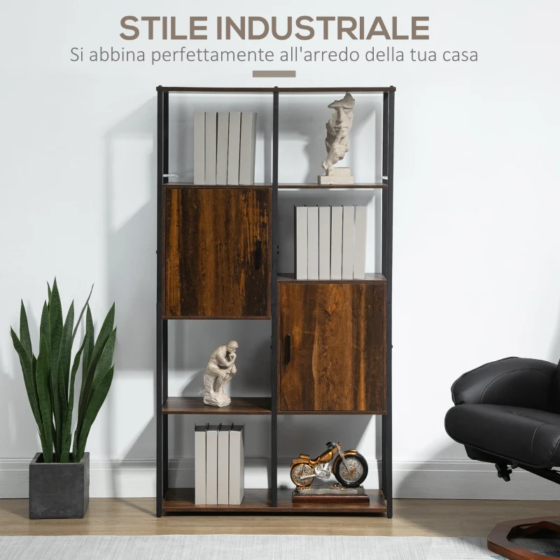 HOMCOM Libreria Stile Industriale con 4 Ripiani e 2 Armadietti, 90x30x159.5cm, Nero e Marrone