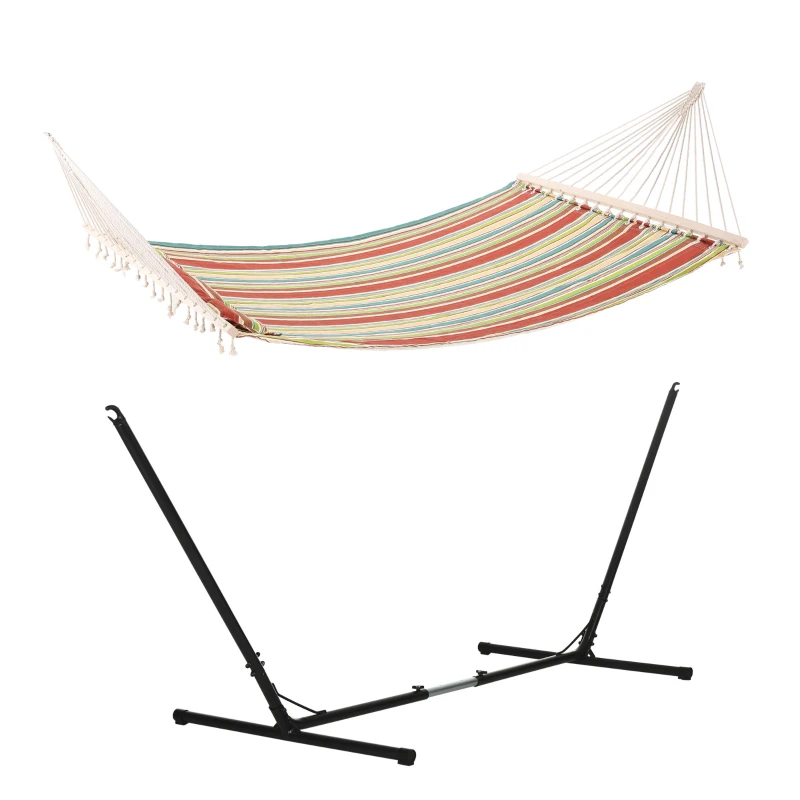 Outsunny Outdoor Garden Hammock with Stand, Double Cotton Hammock with Adjustable Steel Frame, Swing Hanging Bed with Pillow, for Garden, Patio, Beach, Red Stripes