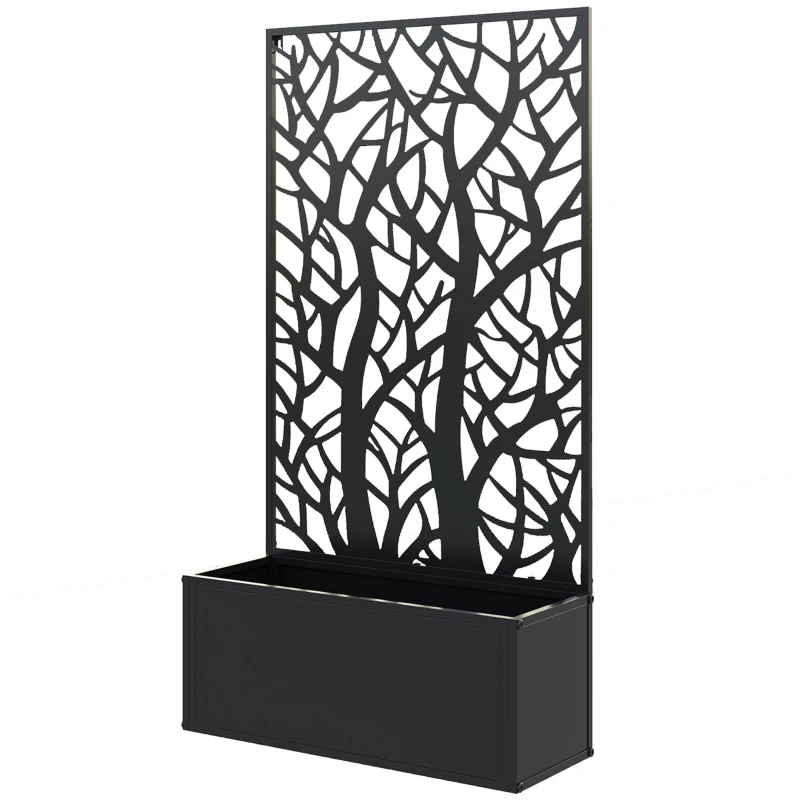 Outsunny Jardinera Elevada con Panel de Privacidad de Ramas Decorativas de Metal y Opción de Montaje en Pared 61x23x113 cm Negro