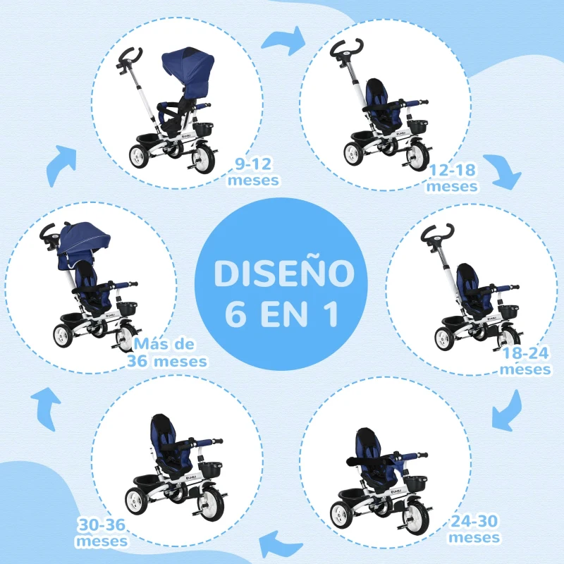 HOMCOM Triciclo para Bebés Plegable Triciclo Evolutivo 2 en 1 para Niños con Toldo Plegable Cestas y Cinturón de Seguridad Azul