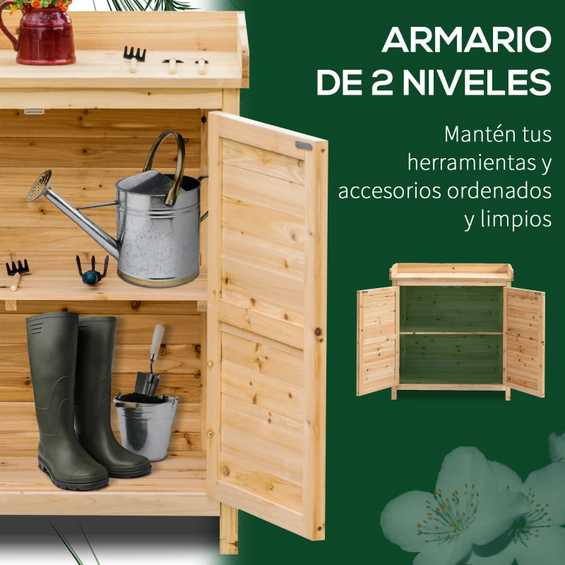 Outsunny Armario de Jardín de Madera Armario Exterior con 2 Puertas Estante Patas Elevadas para Terraza Patio 83x40x92 cm Natural