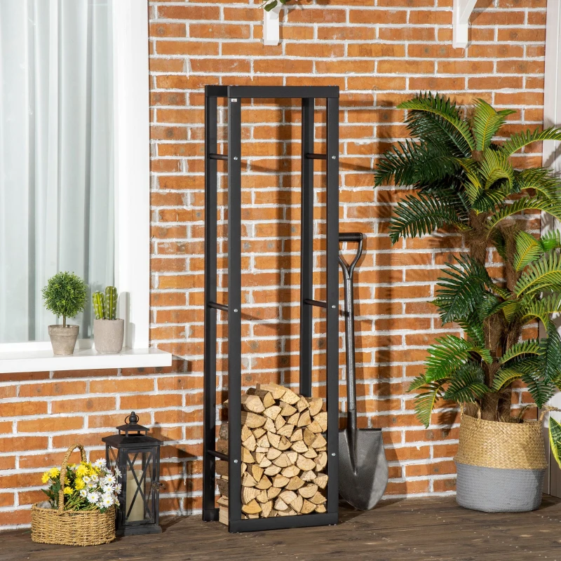 HOMCOM Soporte para Leña de Metal Estante de Leña Leñero de Exterior para Interior y Exterior Carga 100 kg 40x25x150 cm Negro