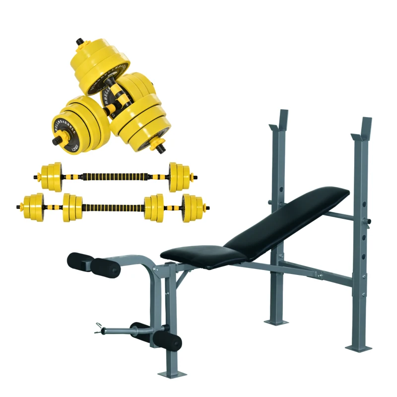 HOMCOM Banc de musculation Fitness banc d'haltérophilie dossier réglable + Ensemble d'haltères courtes ou longues 20 Kg barre d'extension incluse entraînement musculaire & haltérophilie