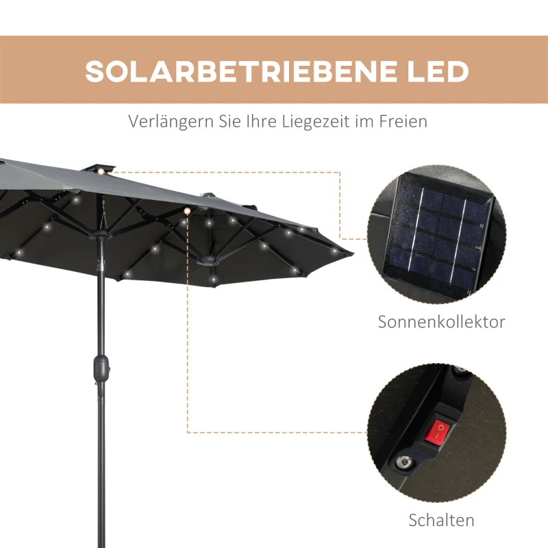 Outsunny Doppelschirm, Terrassenschirm, neigbar, mit Solarpaneel, 35 LEDs, Stahlrahmen, grau, 2,92 x 1,50 x 2,18 m