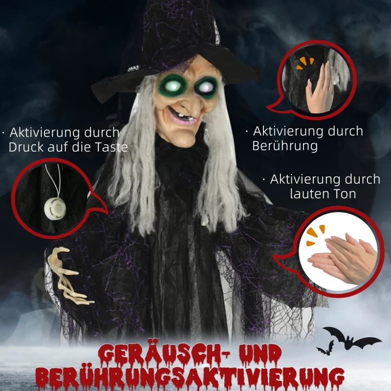 HOMCOM Halloween-Hexe, Halloween-Dekoration, Soundfunktion, mit Bewegungssensor, LED-Lichter, 130 cm x 18 cm x 183 cm