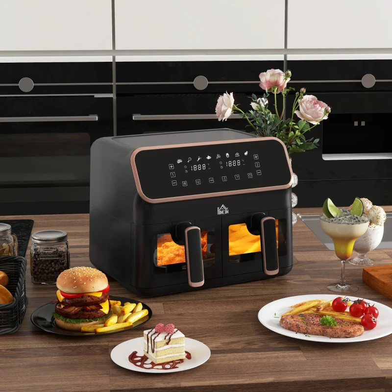 HOMCOM 8L Dual Basket Air Fryer, 80-200℃, with Sync Function - Black/Gold Tone