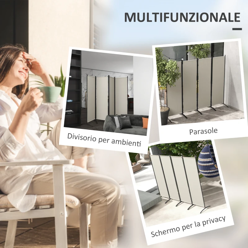 Outsunny Paravento da Esterno e Interno a 4 Pannelli Pieghevole, 221x50x172cm, Crema