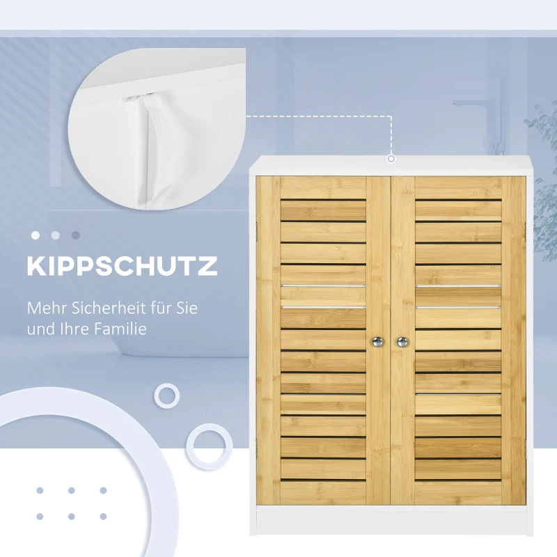 kleankin kleinkin Badezimmerschrank Badkommode, einstellbare Einlegeböden, Doppeltür aus Bambus, weiß+holzfarben, 60 x 30 x 80cm