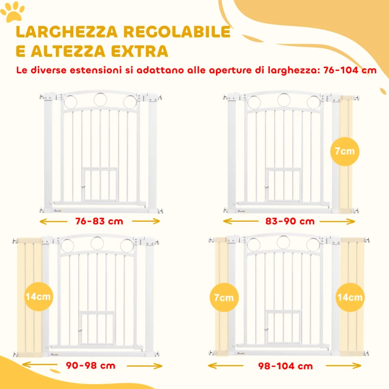 PawHut Cancellino per Cani Regolabile da 76-104 cm, Cancelletto di Sicurezza Alto 77 cm con 2 Estensioni, Bianco