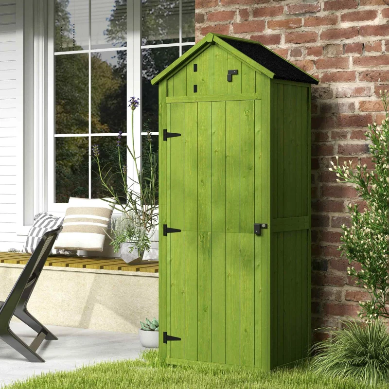 Outsunny Small Shed, Tall Slim Wooden Garden Shed with 3 Removable Shelves and Roof Hatch, Compact Outdoor Tool Storage Cabinet with Asphalt Roof and Door Latch, 77 x 54.2 x 179 cm, Green