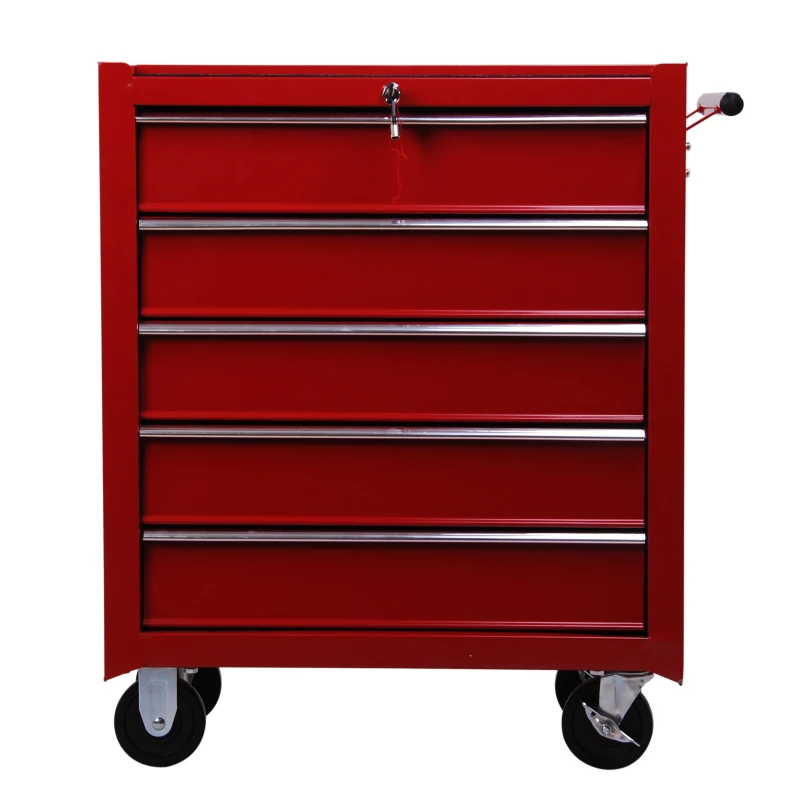 HOMCOM Carrello Porta Utensili con 5 Cassetti, Serratura, 2 Chiavi e Manubrio Parete Smontabile 2 Ruote con Freno in Lamiera d'Acciaio EVA Rosso 67,5x33x77cm