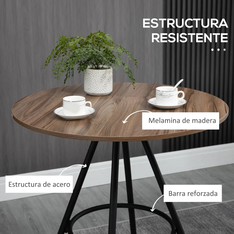 HOMCOM Mesa de Bar Redonda con Encimera de Melamina y Patas de Acero para Salón Cocina Comedor Ø75x91 cm Marrón