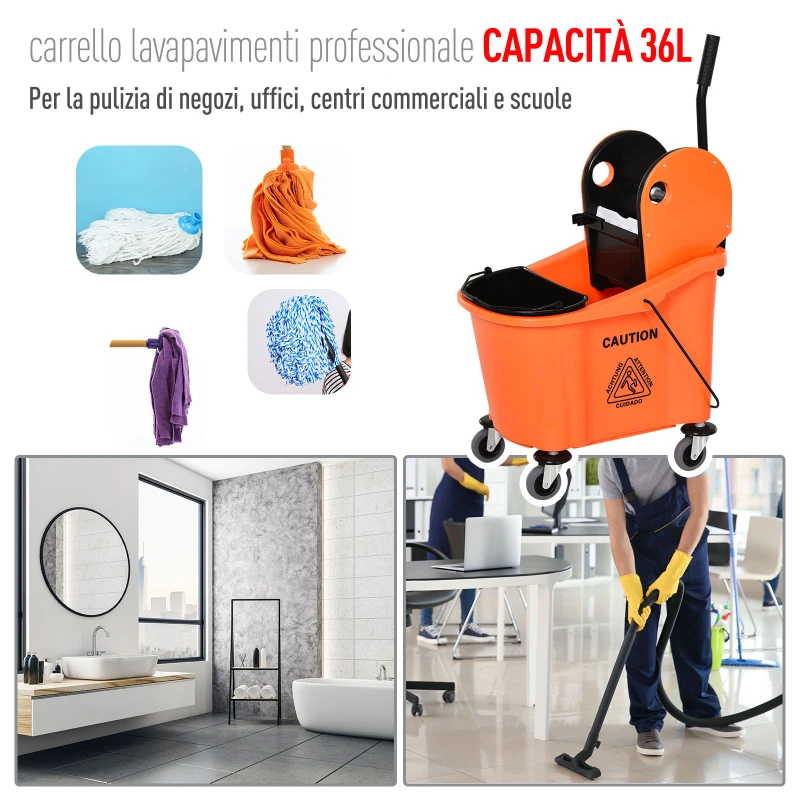 HOMCOM Secchio per Mocio Professionale 36L, Carrello Lavapavimenti con Strizzatore Manuale e 2 Secchi, Arancione e Nero