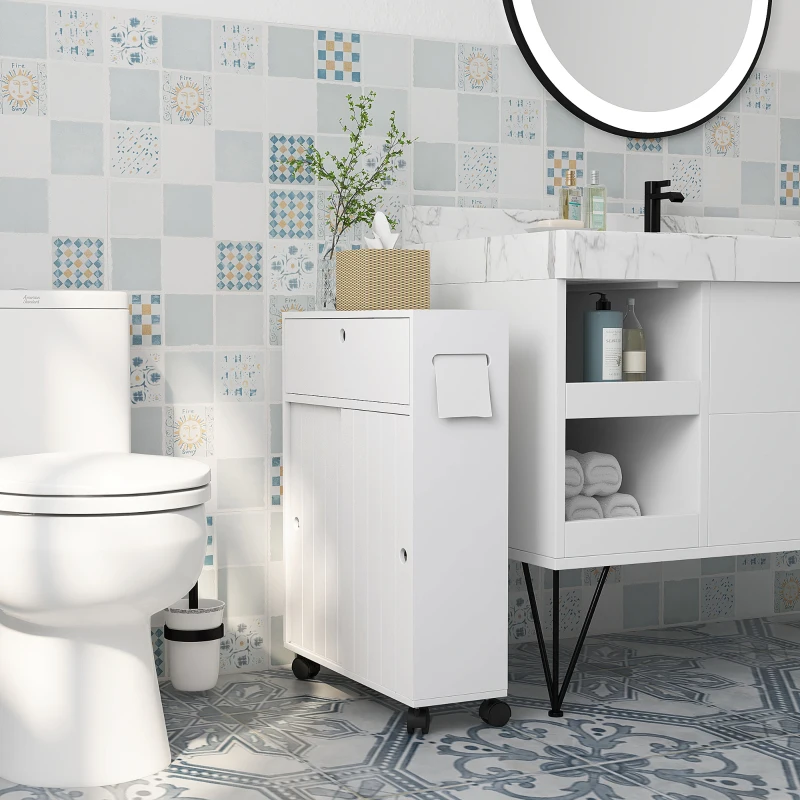 kleankin Armario de Baño Mueble Auxiliar con 4 Ruedas 2 Agujeros para Papel 2 Armarios y Estantes Ajustables 52x17x67 cm Blanco