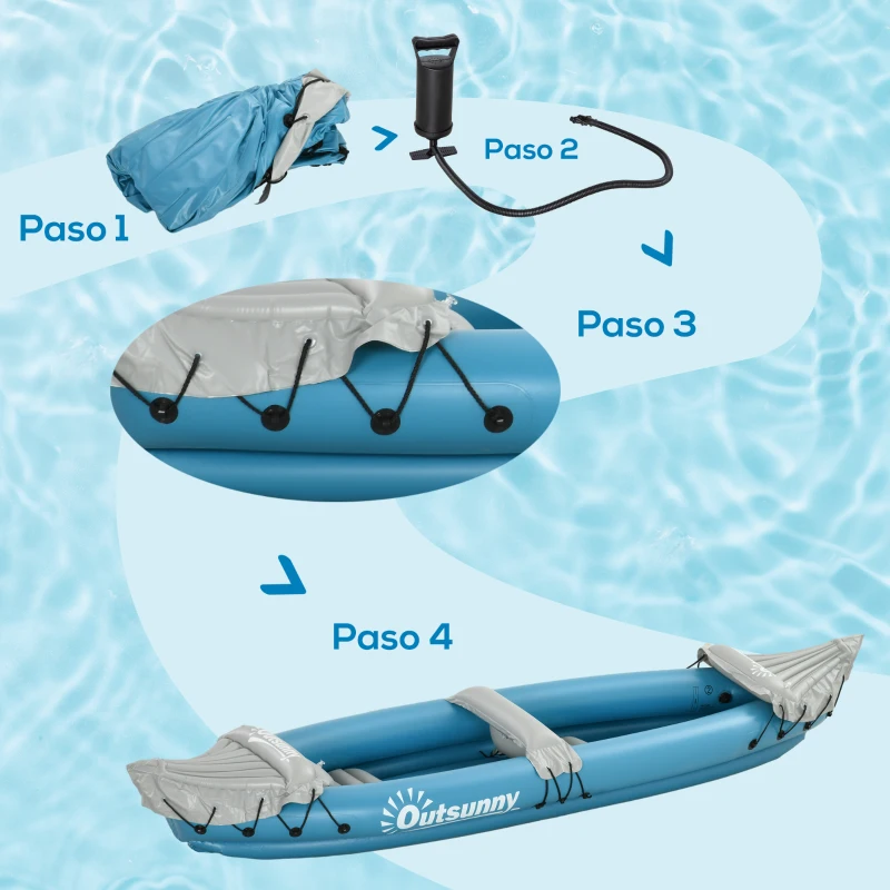 Outsunny Kayak Hinchable de 2 Plazas con 2 Remos de Acero Inflador Manual y Kit de Reparación 318x80x50 cm Azul
