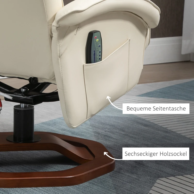HOMCOM Massagesessel, mit Fußhocker, 10 Massagepunkte, Liegefunktion, drehbarer Sitz, Cremeweiß, 73 x 83 x 106cm