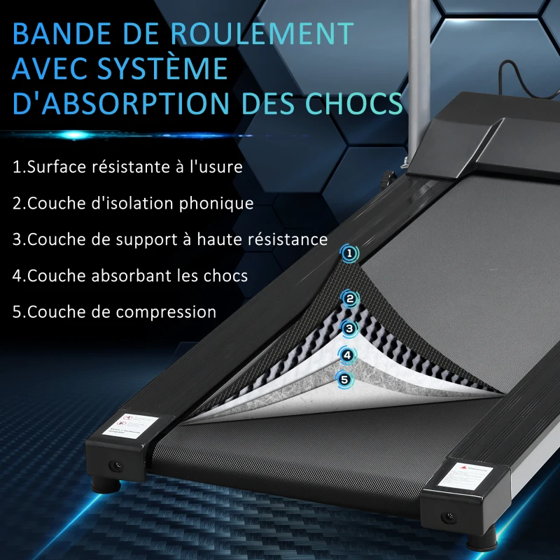 HOMCOM Tapis de course Fitness électrique pliable - 1 à 10 Km/h - écran LCD multifonctions - puissance 500 W - gris clair noir