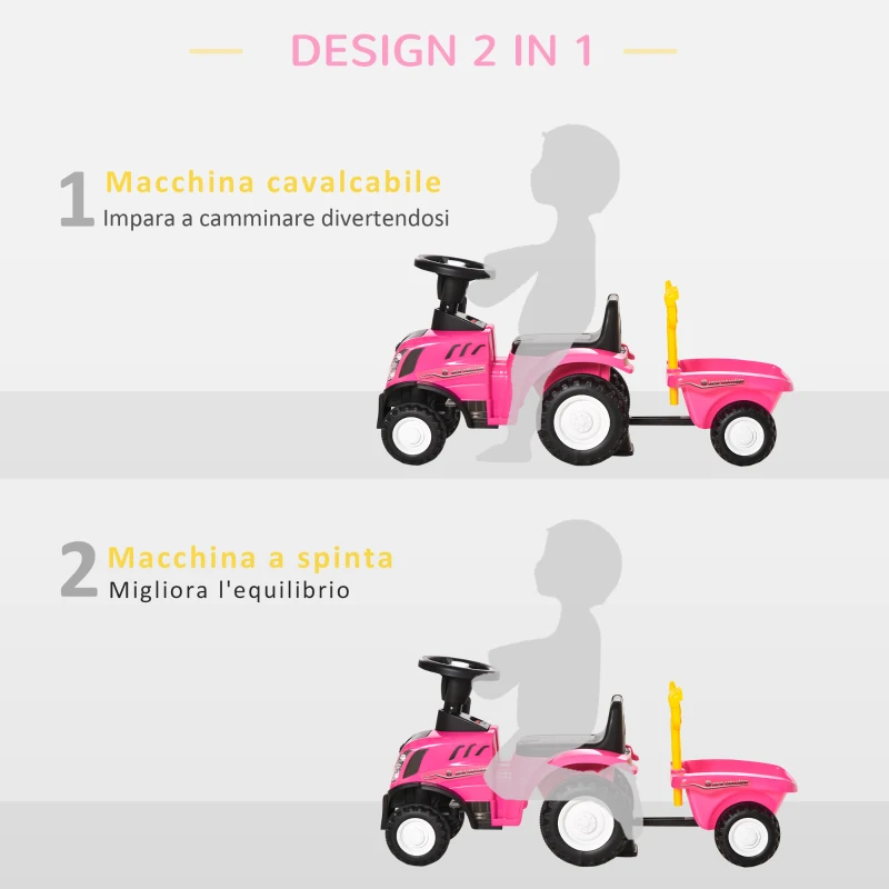 HOMCOM Trattore per Bambini Cavalcabile con Rimorchio, Rastrello e Pala, Gioco Educativo per Bimbi 12-36 Mesi, 91x29x44cm, Rosa