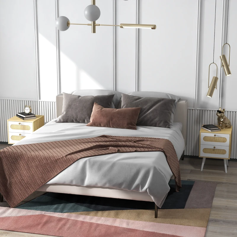 HOMCOM Comodino con Cassetti Set 2 Pezzi in Truciolato e MDF in stile Boho, 40x40x55 cm, Rovere e Bianco
