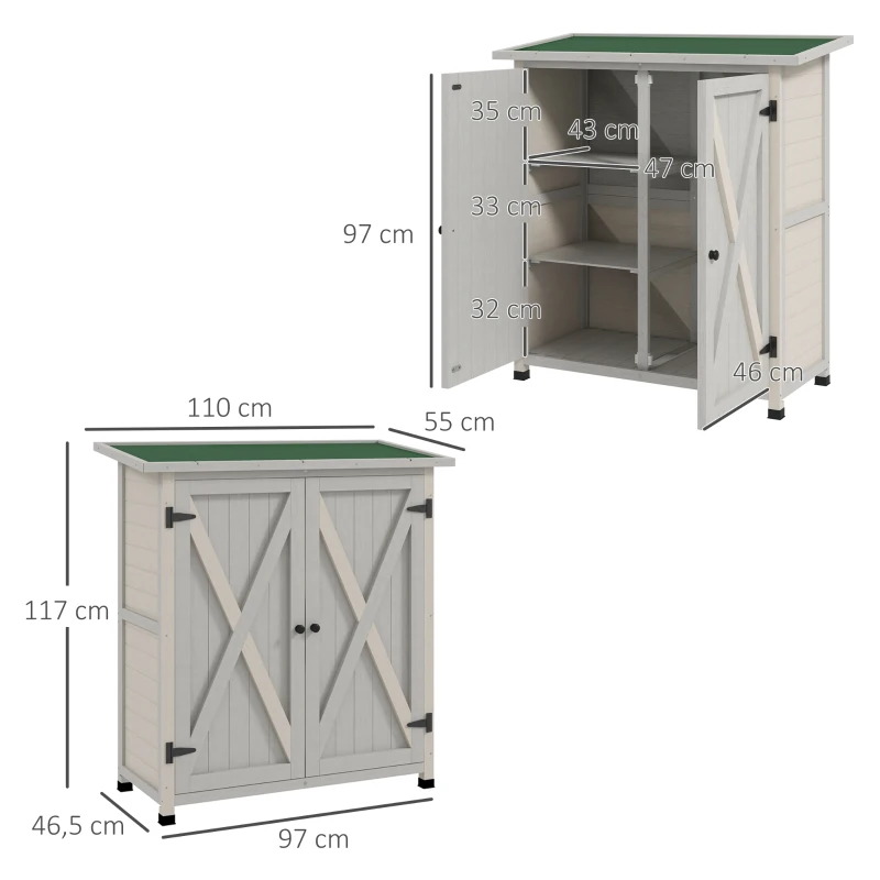 Outsunny Geräteschrank aus Holz mit 2 Türen, Geräteschuppen mit Asphaltdach, 110 x 55 x 117 cm, Hellgrau(m-3)