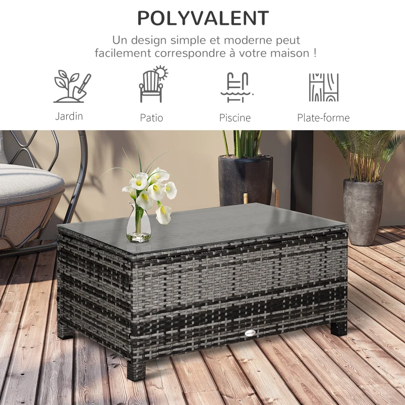Outsunny Table Basse de Jardin Plateau Verre trempé 5 mm rotin tressé 85 x 50 x 39cm Max. 70 kg gris