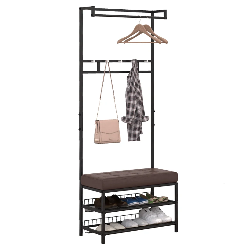 HOMCOM Garderobenständer Kleiderständer mit 5 Haken und Schuhbank mit 2 Ebenen Garderobe aus Metall für Flur, Schlafzimmer, 72,5 x35 x 180cm