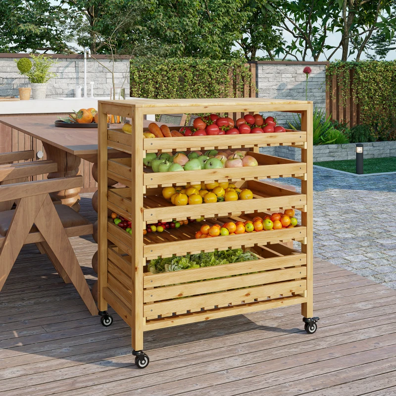 Outsunny Gemüsehorde mit 5 Regalen, Obstkiste, Gemüsekiste, wetterbeständig, 4 Rollen, 73 cm x 45 cm x 91 cm, Natur