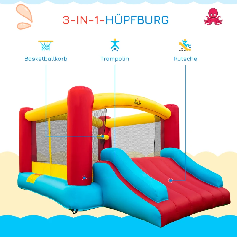 HOMCOM Hüpfburg mit Gebläse Springburg Spielburg Rutsche Spielhaus aufblasbar 420D Oxford-Gewebe Outdoor groß bunt 366 x 274 x 183 cm