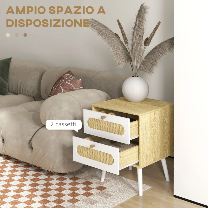 HOMCOM Comodino con Cassetti Set 2 Pezzi in Truciolato e MDF in stile Boho, 40x40x55 cm, Rovere e Bianco