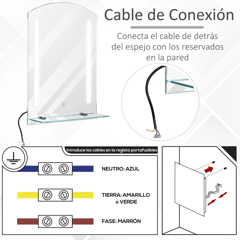 kleankin Espejo de Baño con Luces LED 70x50 cm Espejo para Baño con Interruptor Táctil Iluminación Regulable y Estante de Vidrio para Salón Entrada Plata