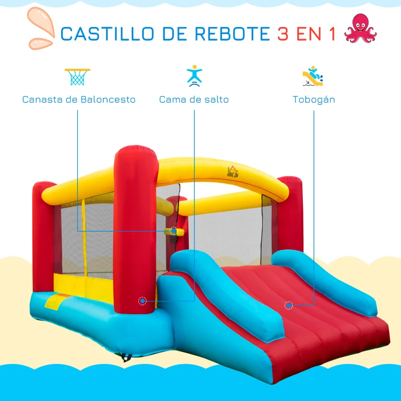 HOMCOM Castillo Hinchable con Tobogán Cama de Salto para Niños +3 Años Incluye Inflador y Bolsa de Transporte para Interior y Exterior 366x274x183 cm Multicolor