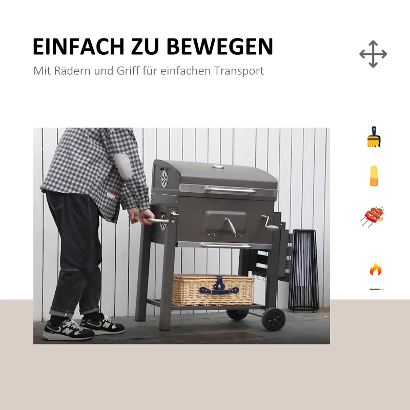 Outsunny Grillwagen Holzkohlegrill Grill BBQ Standgrill Holzkohle Kohlegrill Gartengrill, Edelstahl+Eisen Schwarz 115 x 56 x 108 cm