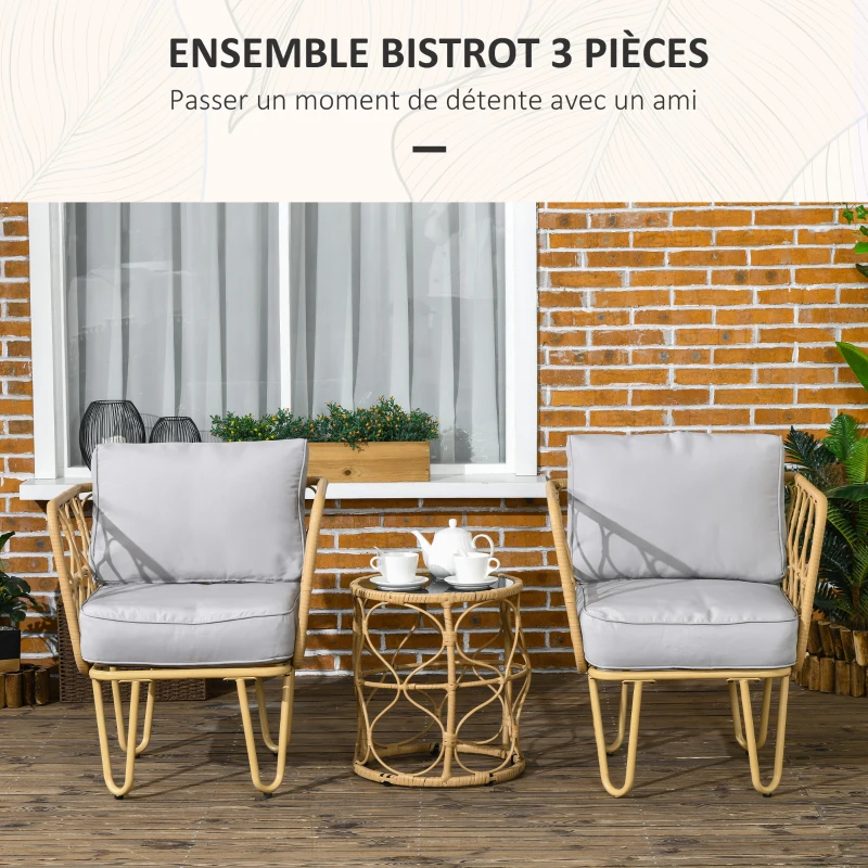 Outsunny Ensemble salon de jardin en résine tressée 3 pièces 2 fauteuils + 1 table basse ronde coussins inclus