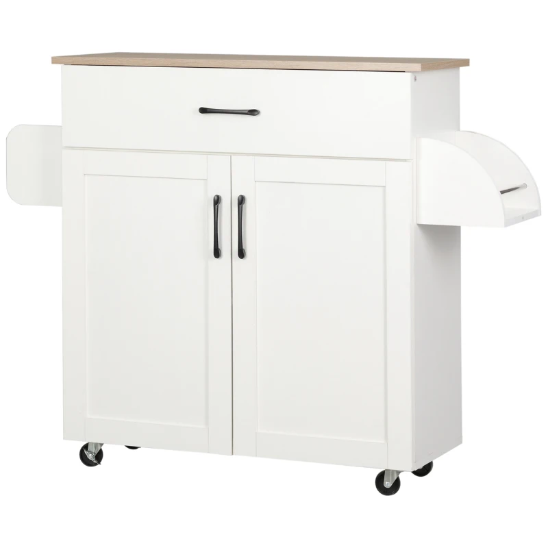 HOMCOM Dessert îlot de cuisine multi-rangements 1 tiroirs 1 placard 2 portes avec étagère réglable porte-torchons et porte-épices - bois blanc