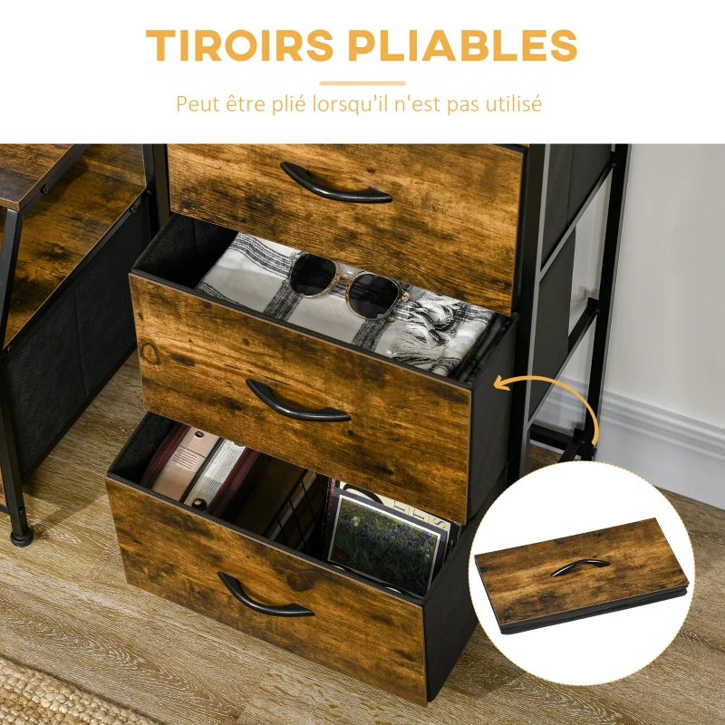 HOMCOM Meuble de rangement style industriel commode 3 tiroirs en tissu amovibles et 2 étagères - 44 x 29 x 92 cm - bois et métal