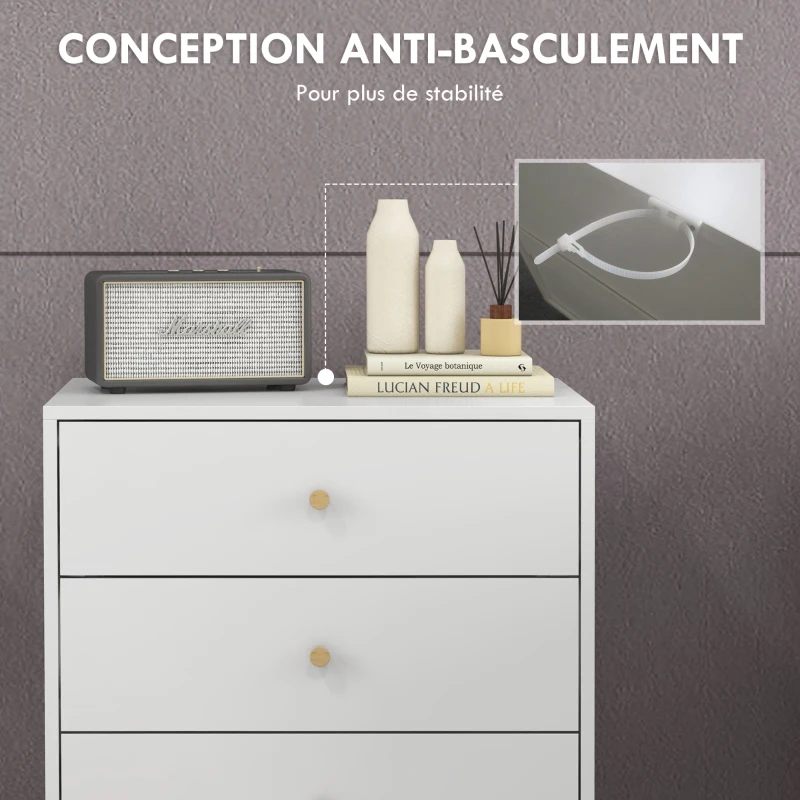 HOMCOM Commode 3 tiroirs Design scandinave Meuble de Rangement Chambre MDF Blanc poignée piètement effilé Bois Massif de pin