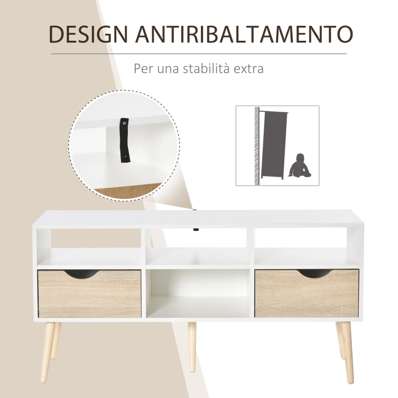 HOMCOM Mobile TV Moderno con Cassetti e Vani Aperti per TV fino 50'', Mobiletto TV Basso da Salotto con Gambe in Legno, 117x39x57cm, Bianco
