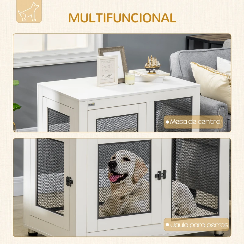 PawHut Jaula para Perros Medianos de Interior Mesa Auxiliar con 2 Puertas con Pestillo y Cojín 94x60x71,5 cm Blanco
