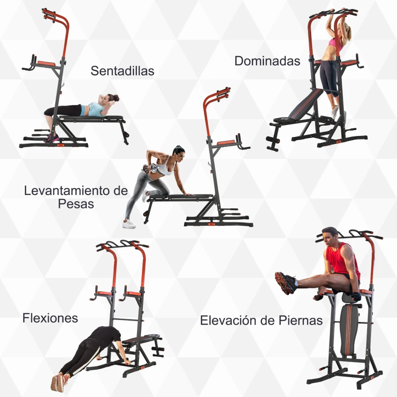 HOMCOM Estación de Musculación Torre de Entrenamiento con Altura Ajustable y Respaldo Regulable en 5 Posiciones Barra de Dominadas Fitness Flexiones Acero 108x178x202-238 cm Negro