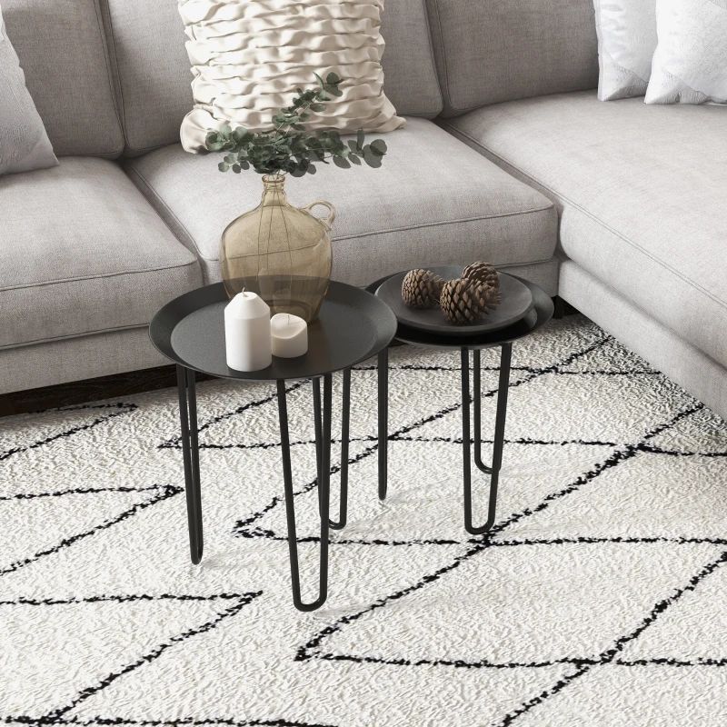 HOMCOM 2er-Set Beistelltische im Skandi-Design, Couchtische, Haarnadelbeine, Schwarz