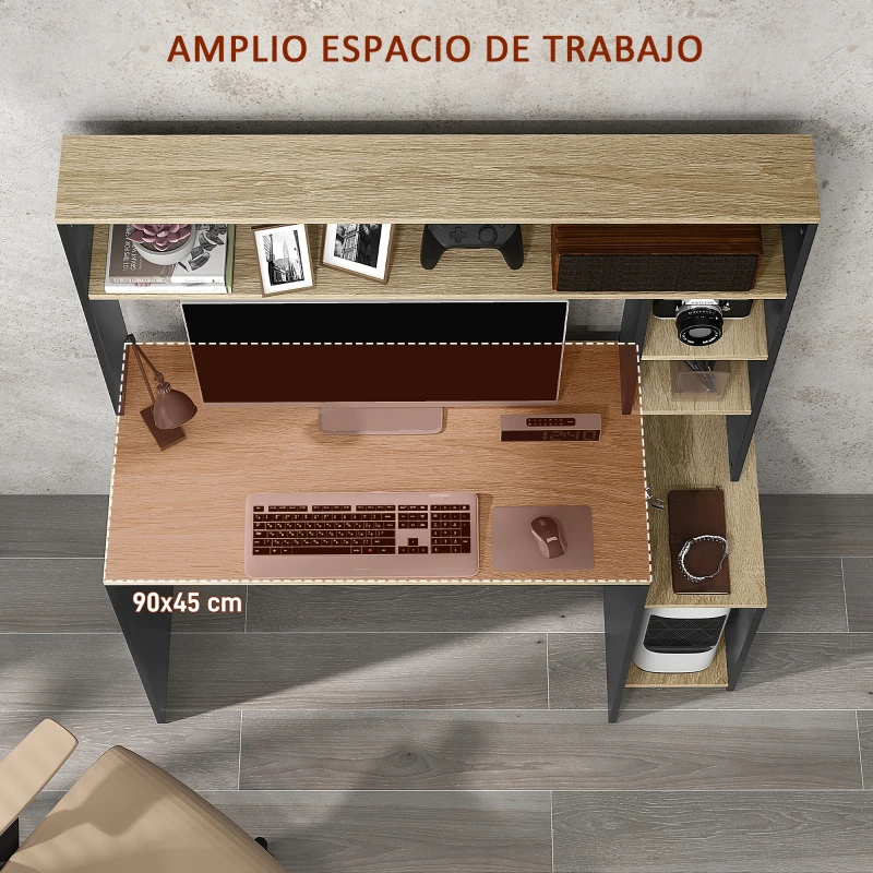 HOMCOM Mesa de Ordenador con Estantes Escritorio con Estanterías Soporte para Monitor CPU 114x45x138 cm Gris y Natural