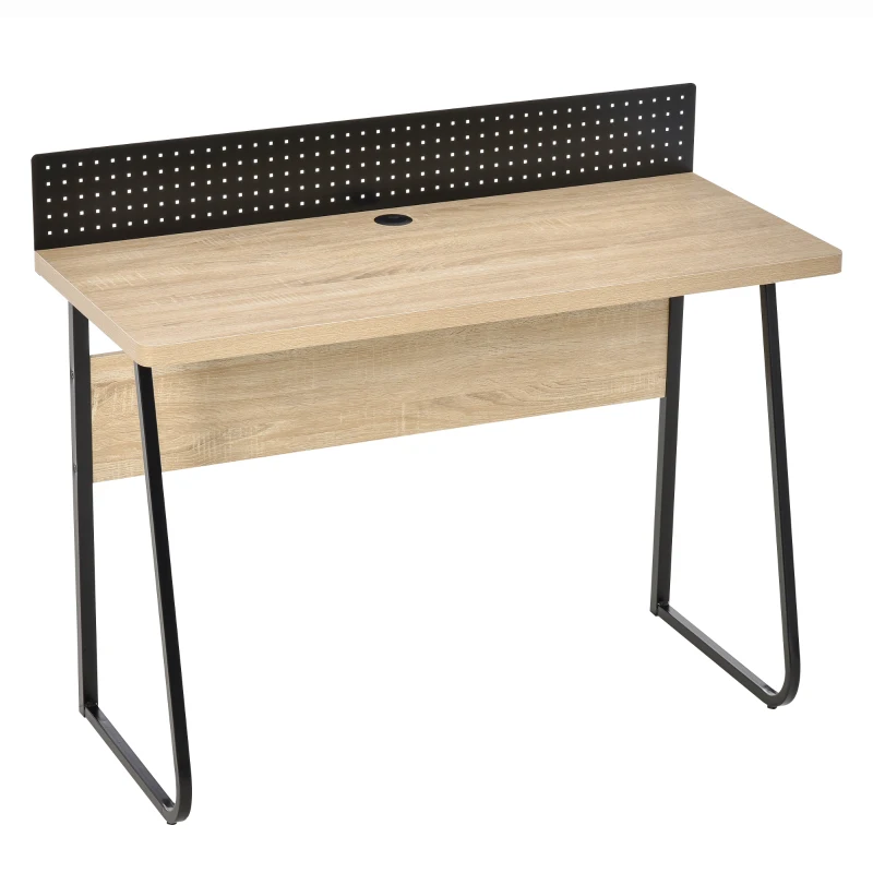 HOMCOM Schreibtisch Bürotisch Computertisch mit Stecktafel Kabelmanagement-Loch für Zettel Pendant Spanplatte Metall Naturholz+Schwarz 110 x 48 x 90 cm