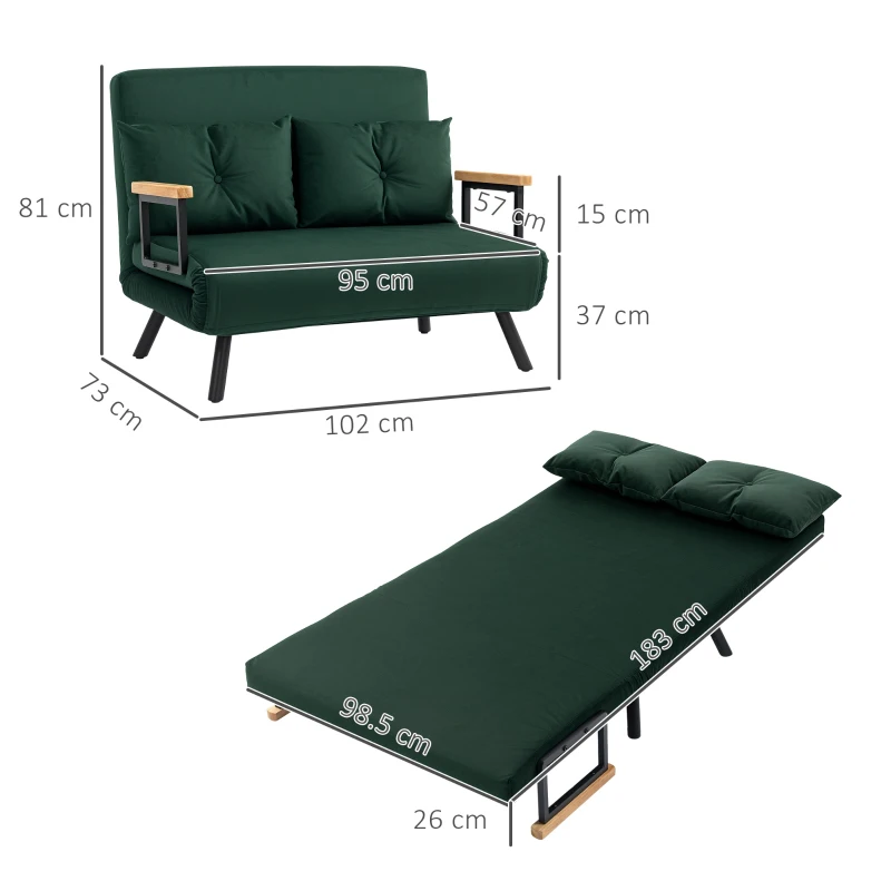 HOMCOM 4-in-1 Velvet-Feel Double Sofa Bed, with Pillows - Green