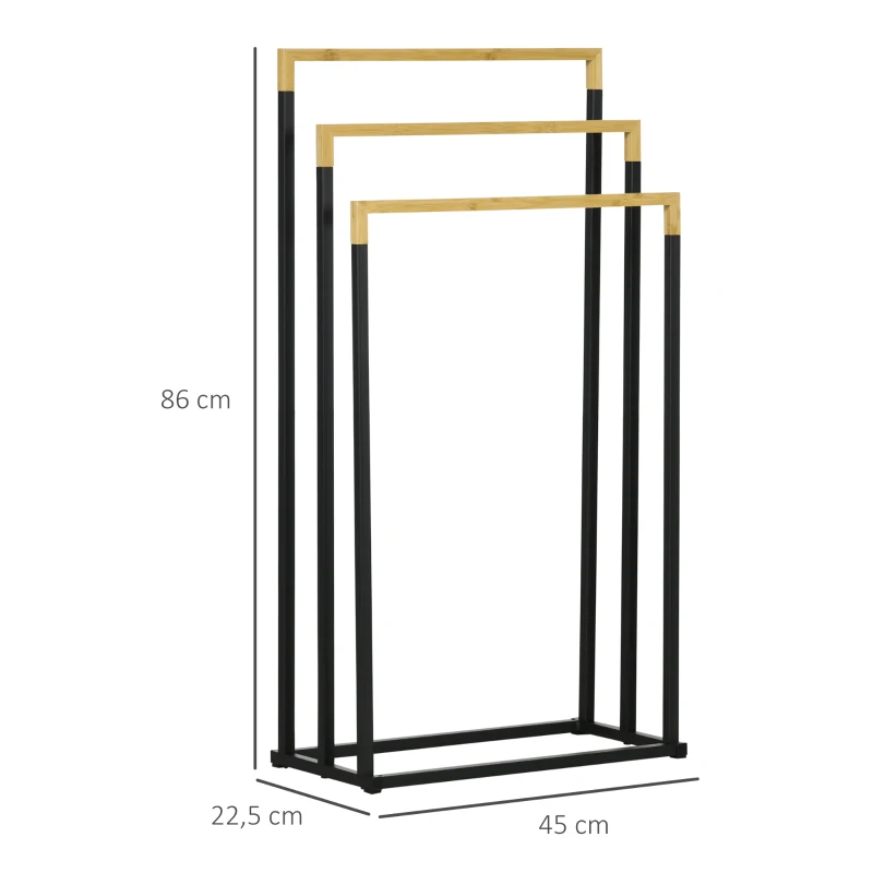 kleankin Porte-serviettes en bambou et acier sur pieds avec 3 barres support pour serviette 45 x 22,5 x 86 cm noir et naturel