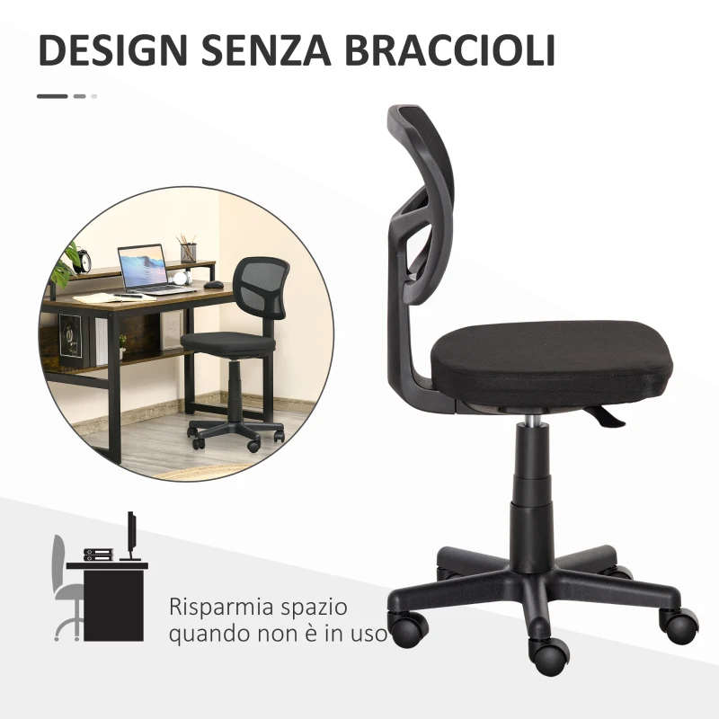 Vinsetto Sedia da Ufficio Ergonomica in Rete Senza Braccioli e Regolabile in Altezza, Nero