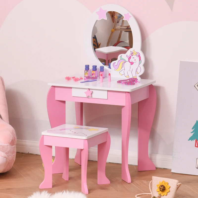 HOMCOM Coiffeuse Enfant Design Licorne - Tabouret Inclus - dim. 49L x 34l x 90H cm - tiroir, Miroir - MDF - Rose Blanc